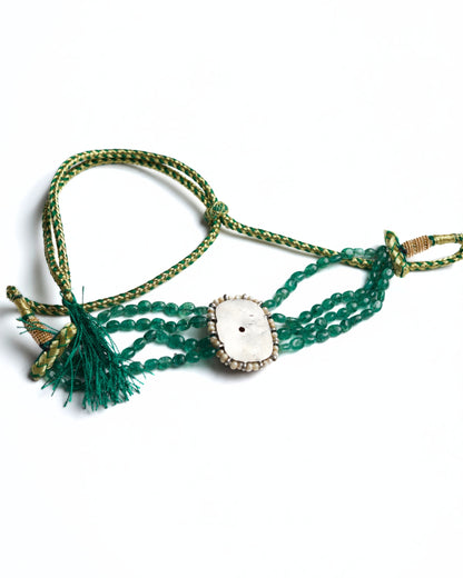 Four-strand green beaded 925 silver choker with gold-polished oval centre, pearl border and pink-green bird motif detailing.