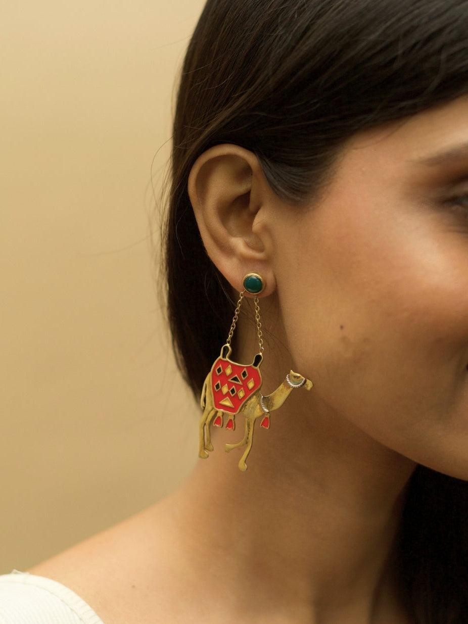 Camel Kisses Earrings by Naksa—gold polished 925 silver earrings with red enamelled camel motifs and green stud tops.