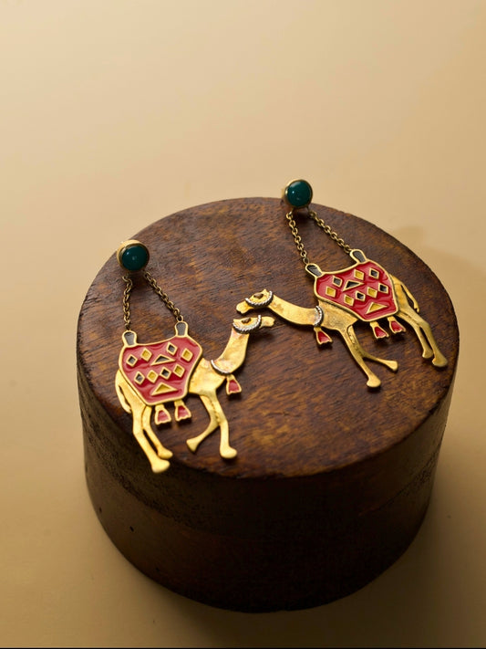 Camel Kisses Earrings by Naksa—gold polished 925 silver earrings with red enamelled camel motifs and green stud tops.