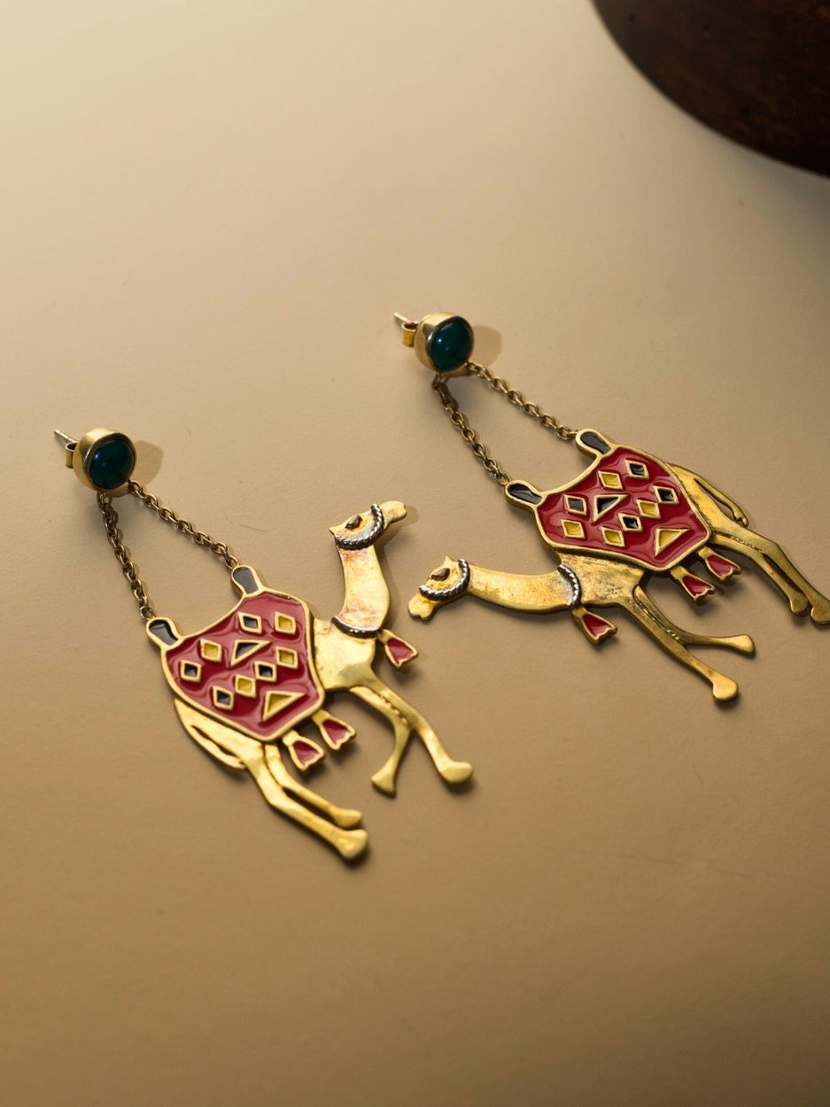 Camel Kisses Earrings by Naksa—gold polished 925 silver earrings with red enamelled camel motifs and green stud tops.