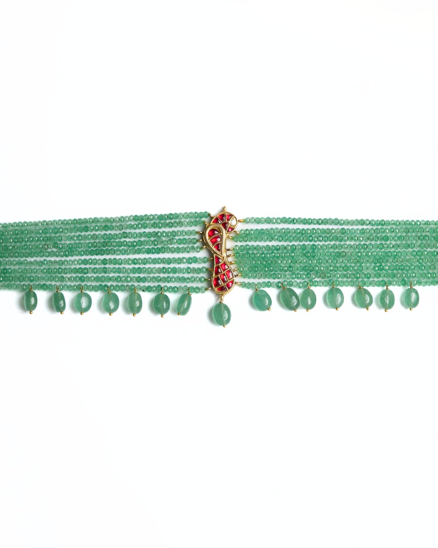 Green multi-strand beaded 925 silver choker with gold polish, red kundan-style bird motif at centre, and dangling green stone drops along the base.