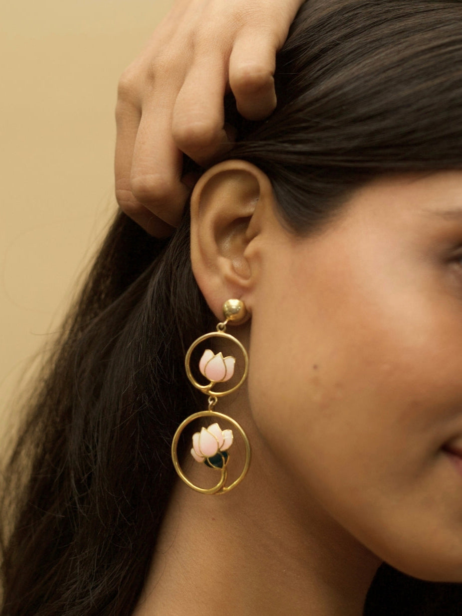 Lotus Affairs Earrings by Naksa—gold polished 925 silver earrings with blush pink and green enamel lotuses in double hoop design.
