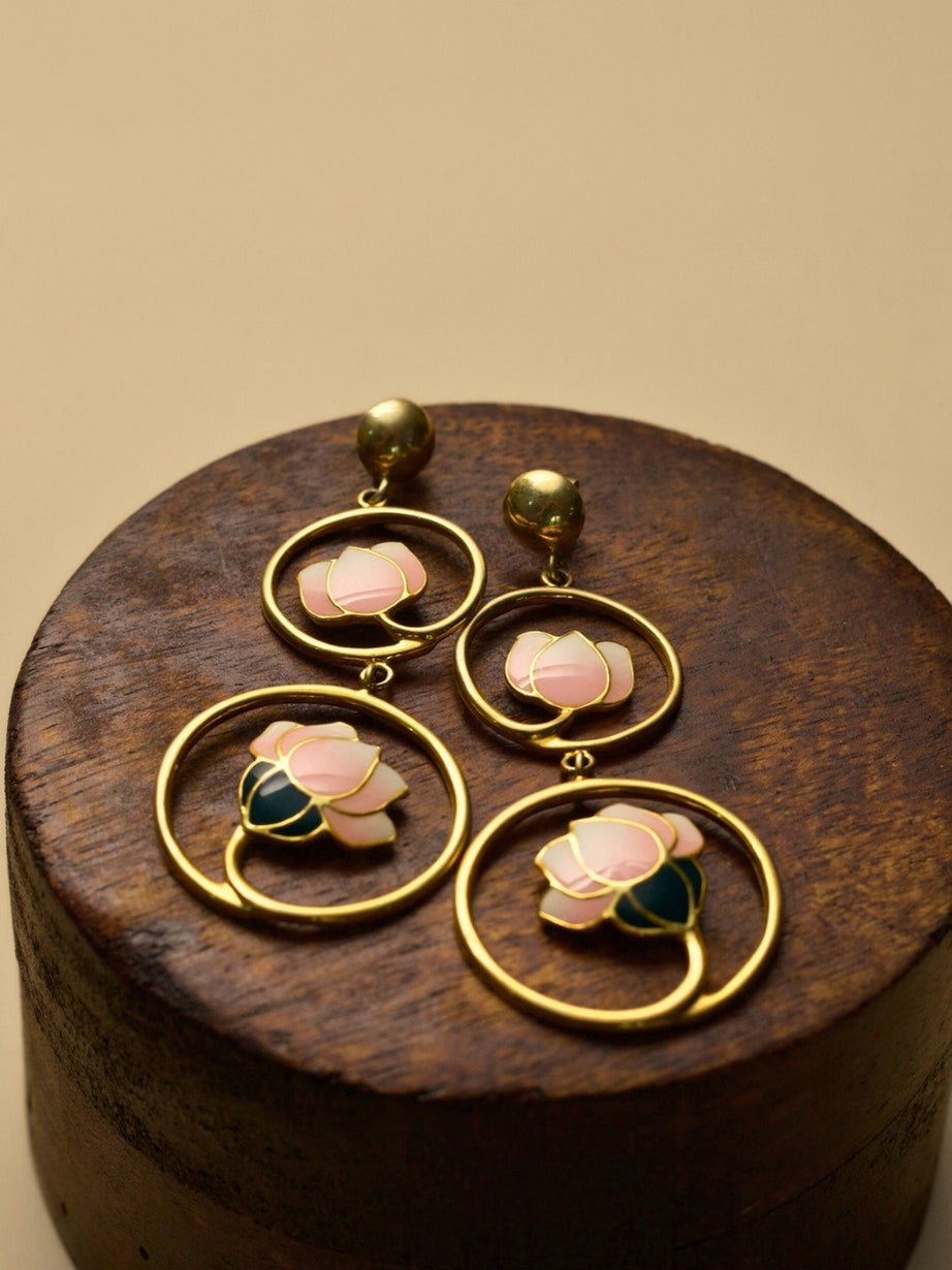 Lotus Affairs Earrings by Naksa—gold polished 925 silver earrings with blush pink and green enamel lotuses in double hoop design.