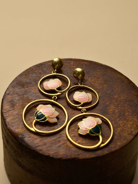 Lotus Affairs Earrings by Naksa—gold polished 925 silver earrings with blush pink and green enamel lotuses in double hoop design.