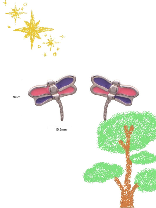 Doodlefly Studs by Naksa—hand-enameled pink and purple dragonfly earrings in pure 925 silver with whimsical wing details.