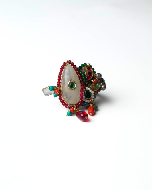 Mooncore Cluster Ring in 925 silver with pear-shaped moon-toned stone, pearl border, and clustered coloured accents