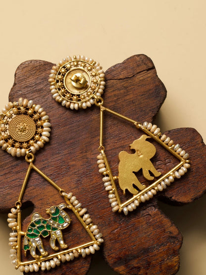 Safarnama Earrings – Hara by Naksa, pure 925 silver with gold polish, all green camel motif, triangular frame and pearls.