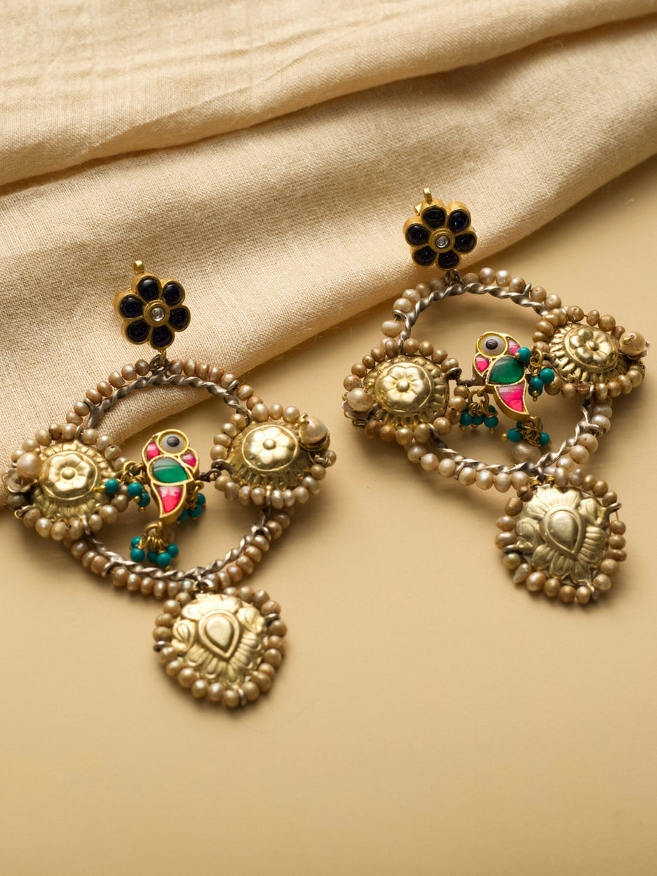 Love in Layers Earrings by Naksa—925 silver gold polished earrings with pearls, floral discs, and a kundan-style parrot motif.