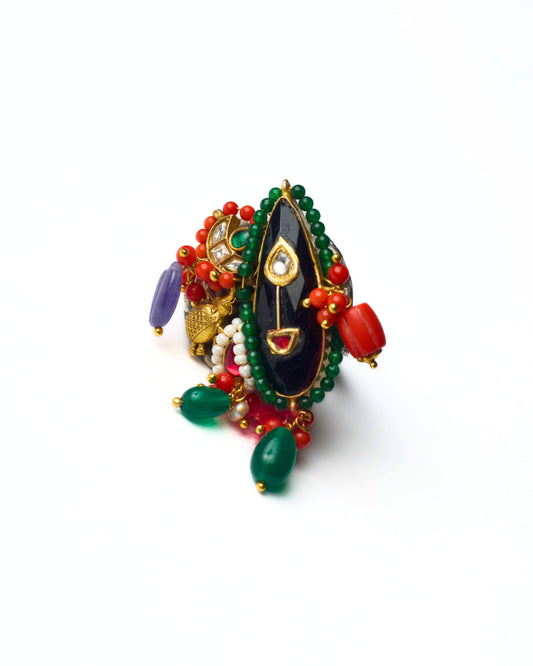 Noir Mandala Ring in 925 silver with elongated black centre stone, gold-toned detailing, red and green bead accents, and clustered drop elements