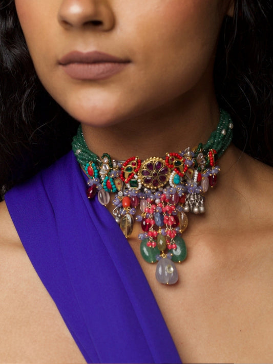 Maximalist pure 92.5 silver choker with green beaded strands and multicoloured gemstone cluster detailing – Naksa