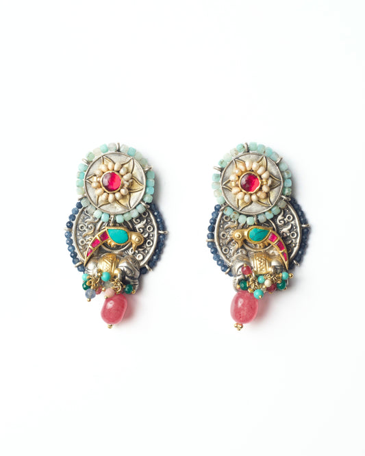 925 silver earrings with twin coin drop design and bird motif by Naksa