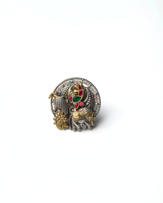 Peacock Reliquary Ring in 925 silver with sculpted peacock centre, kundan-set bird, elephant and hen motifs, and beaded rim detailing