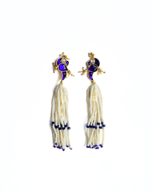 Indigo enamel and pearl tassel jhumka earrings in 925 silver