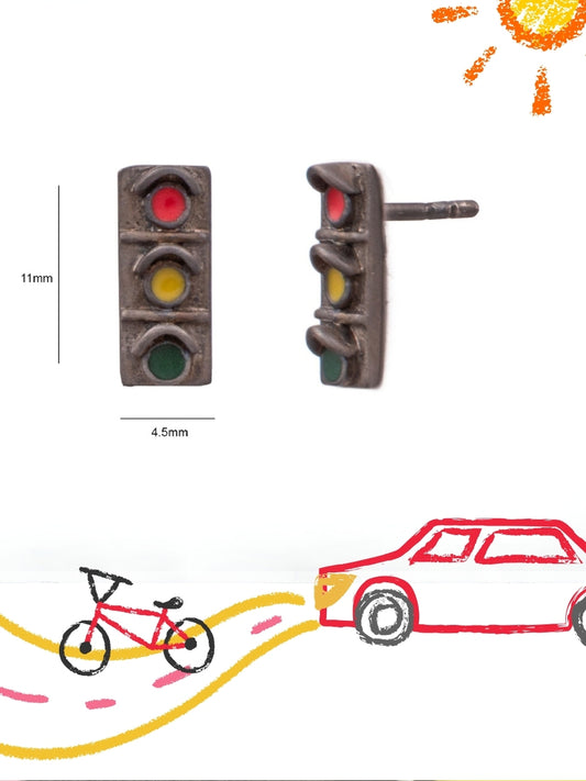 Horn OK Studs by Naksa—traffic signal earrings in red, yellow, and green enamel crafted in pure 925 silver with oxidized detailing.
