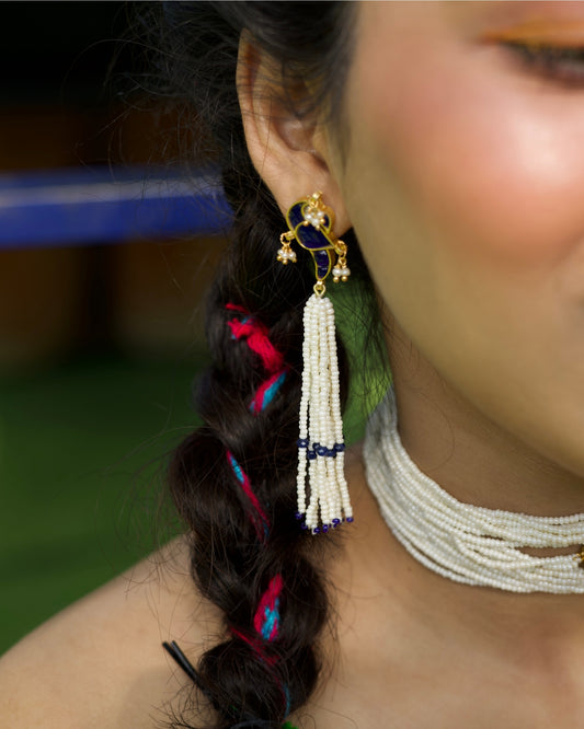 Jellybean Jhumkas with blue enamel top and cascading pearl strands