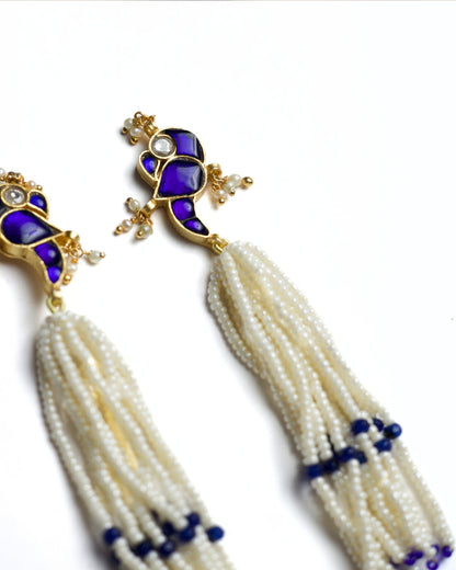 Gold-polished silver earrings with indigo enamel and pearl tassels