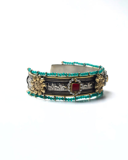 Zoomed view of bangle oxidised detailing in 925 silver with camels