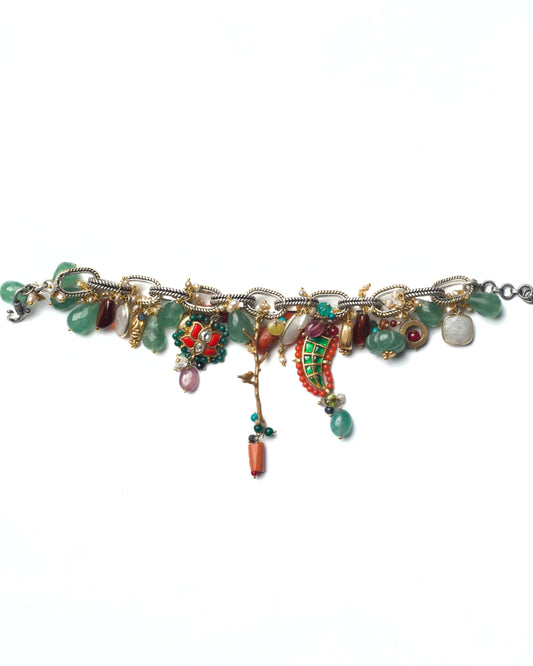 Convertible Link Bracelet in pure 925 silver with green stones, pearls, coral accents, and kundan charm detailing