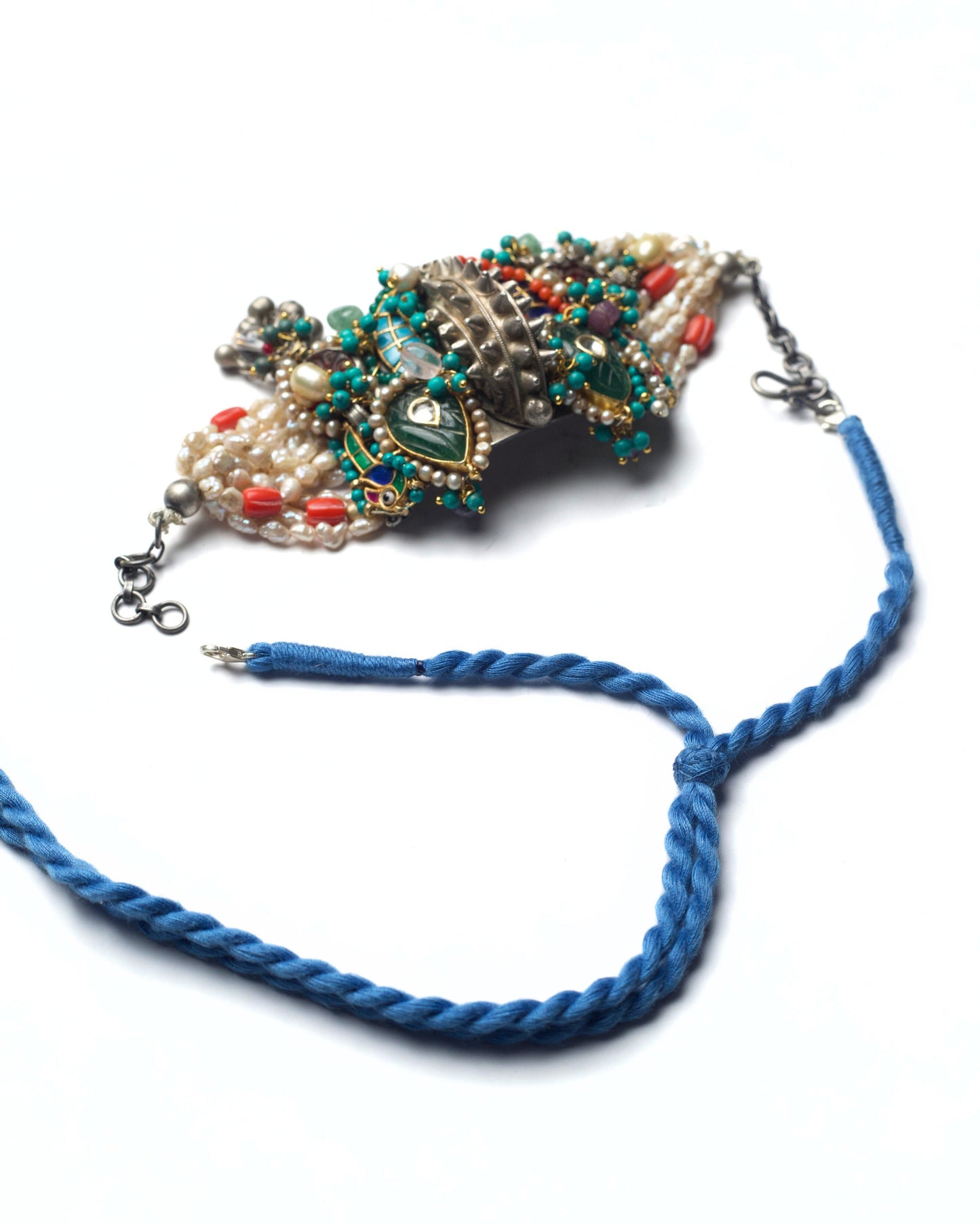 Side view of Central Relic bracelet cum choker with adjustable dori and detachable silver hooks for versatile wear