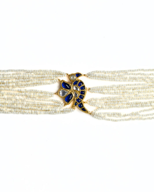 925 silver pearl choker with blue enamel bird centre and kundan-style stones