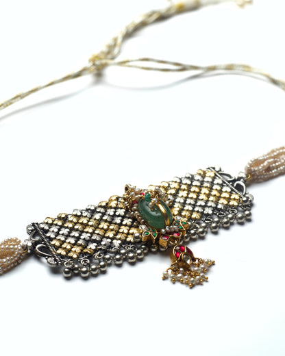 Silver choker with pink kundan droplets and hand-set stone accents