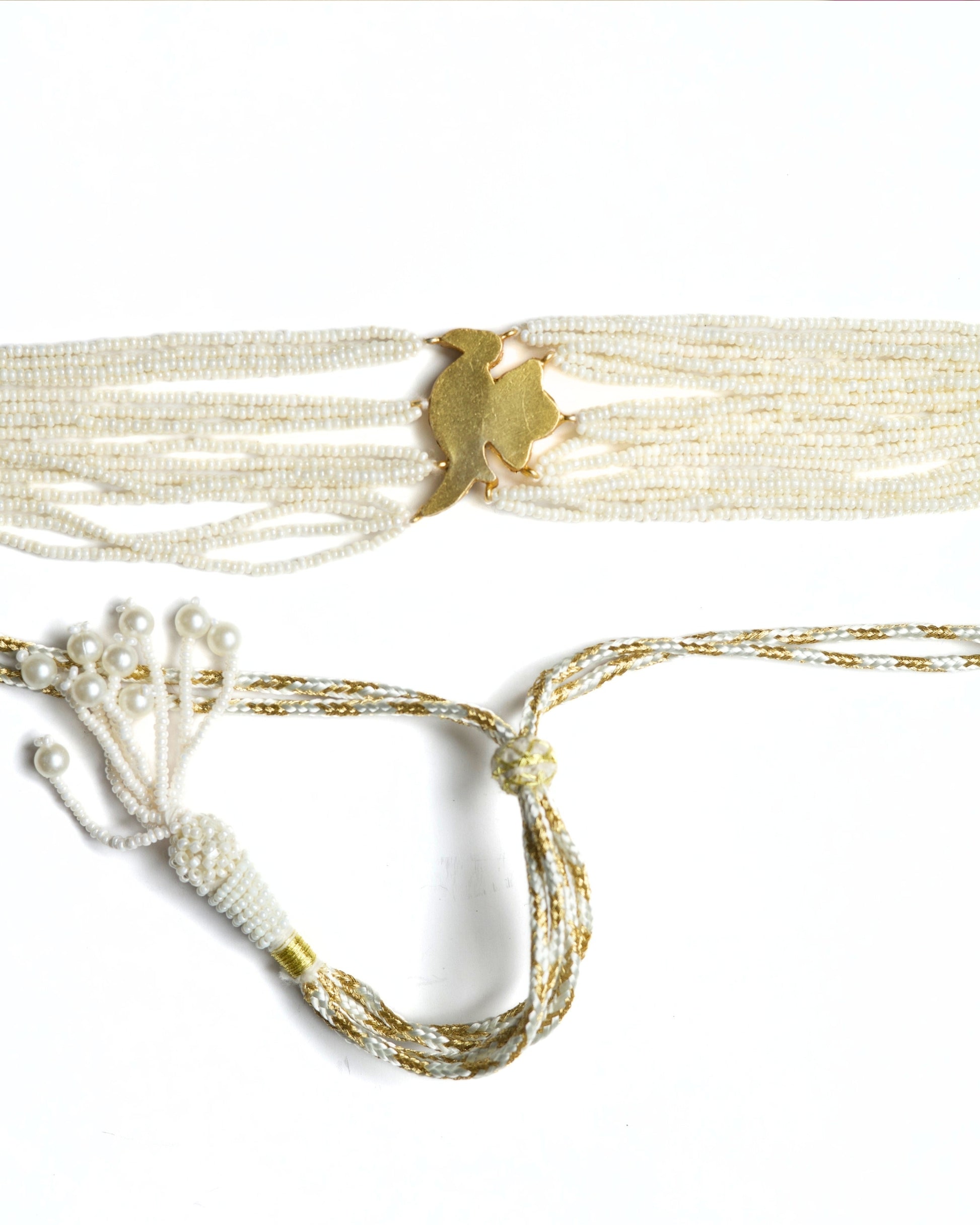 Back of Statement pearl collar necklace with blue enamel detailing