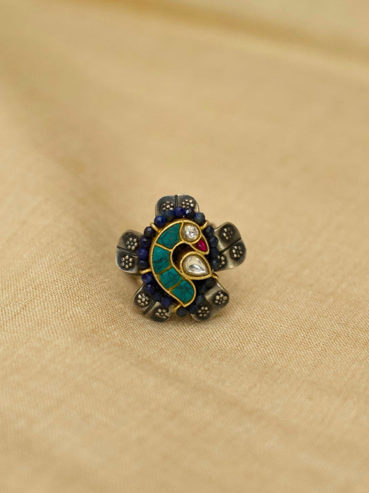 Blue Tale Ring in 925 silver with kundan bird and floral design, sea green and blue tones – Naksa
