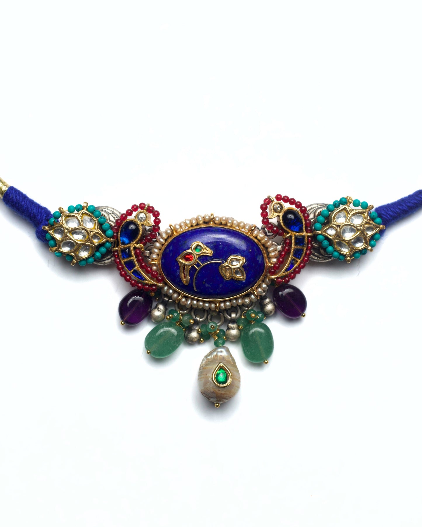 Lapis parrot choker with kundan floral details and mother of pearl drops
