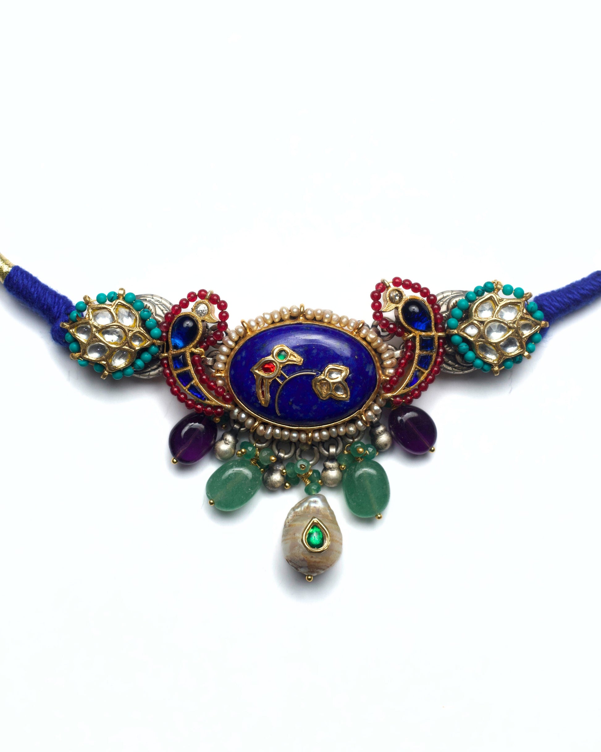 Lapis parrot choker with kundan floral details and mother of pearl drops