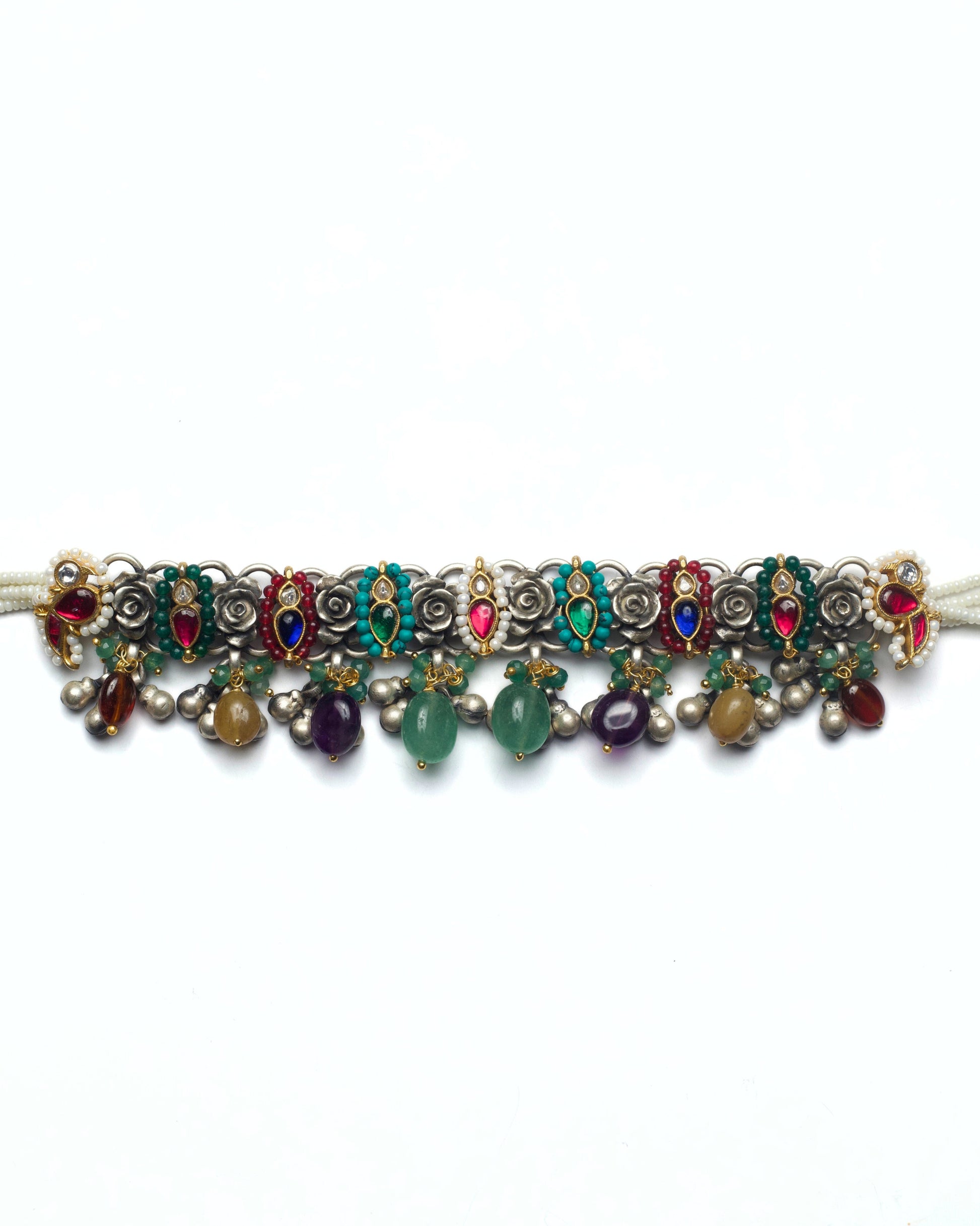 Oxidised silver floral choker with kundan teardrop stones and carved stone drops in honey quartz, plum amethyst, and moss green aventurine