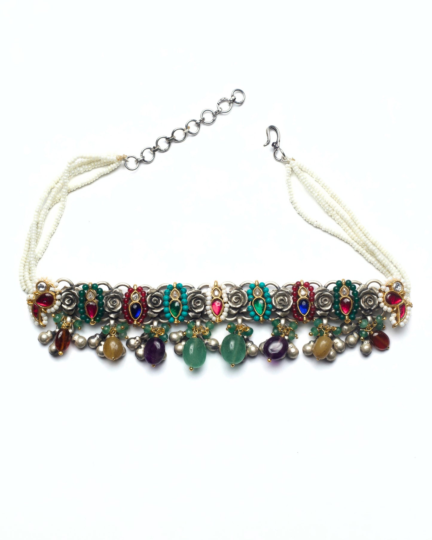 Handcrafted oxidised silver choker showing clustered floral construction and intricate kundan stone setting