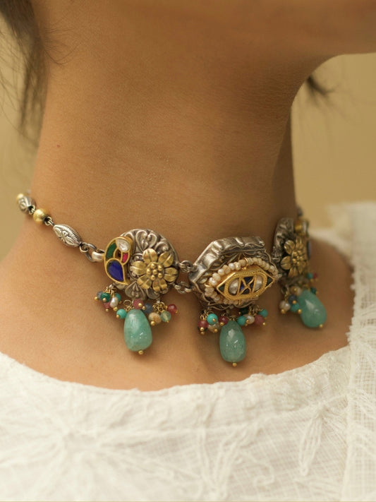 Song of Three Rivers Blue Choker in silver with kundan parrots, floral designs, and blue beads – Naksa Jewelry