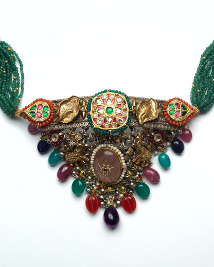 Front view of The Polychrome Baroque Choker with multicolour kundan stonework and sculpted central bar