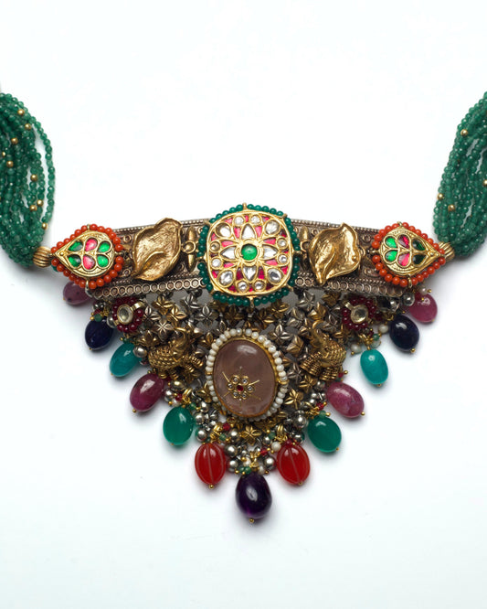 Front view of The Polychrome Baroque Choker with multicolour kundan stonework and sculpted central bar