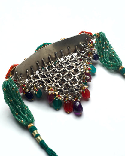 Back detailing of The Polychrome Baroque Choker with clustered multicolour stone drops