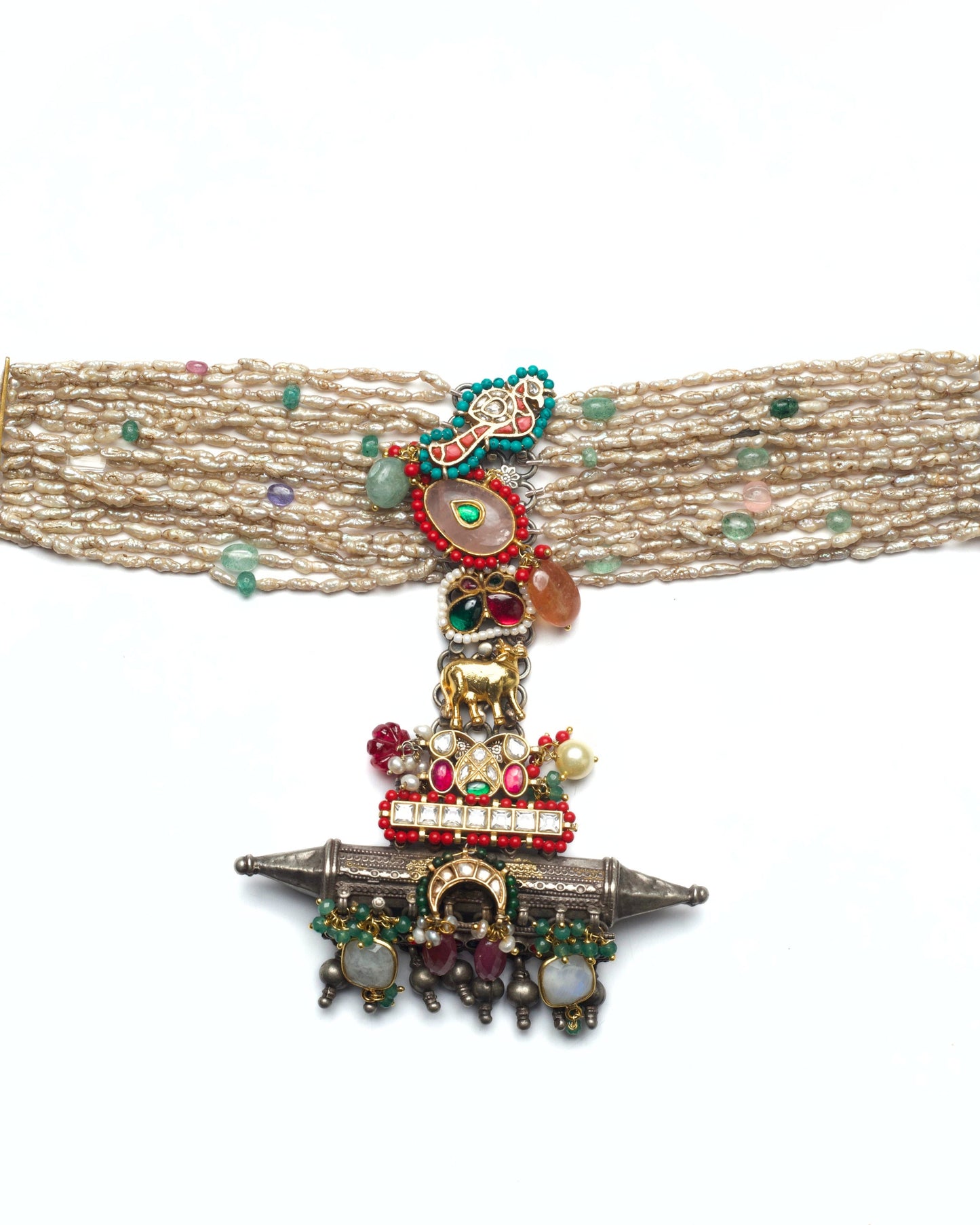 925 silver pearl choker featuring moon, bird and Nandi motifs
