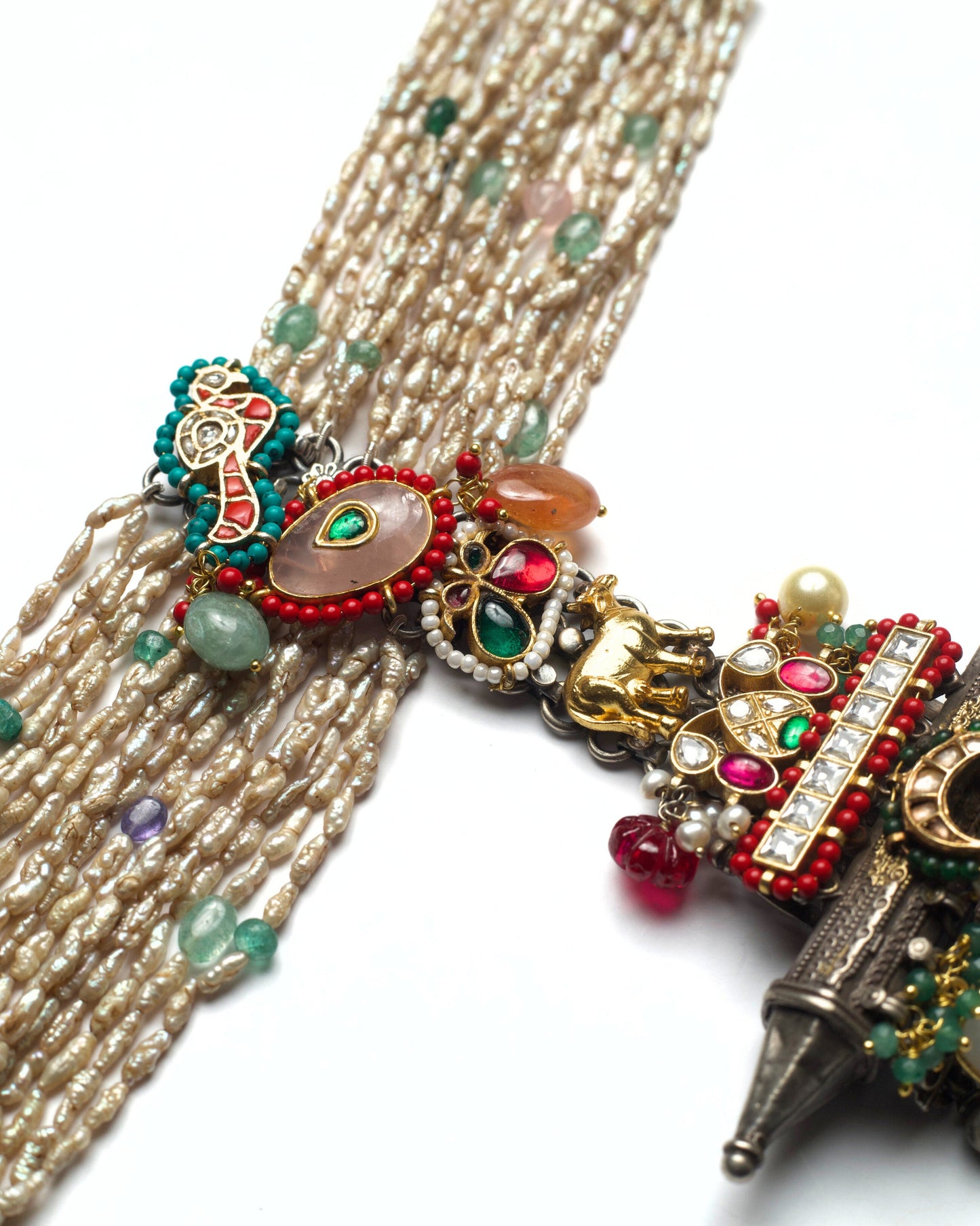Statement pearl choker with parrot detailing and turquoise accents