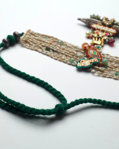 Dori of Handcrafted oxidised silver choker with kundan stones and pearl base