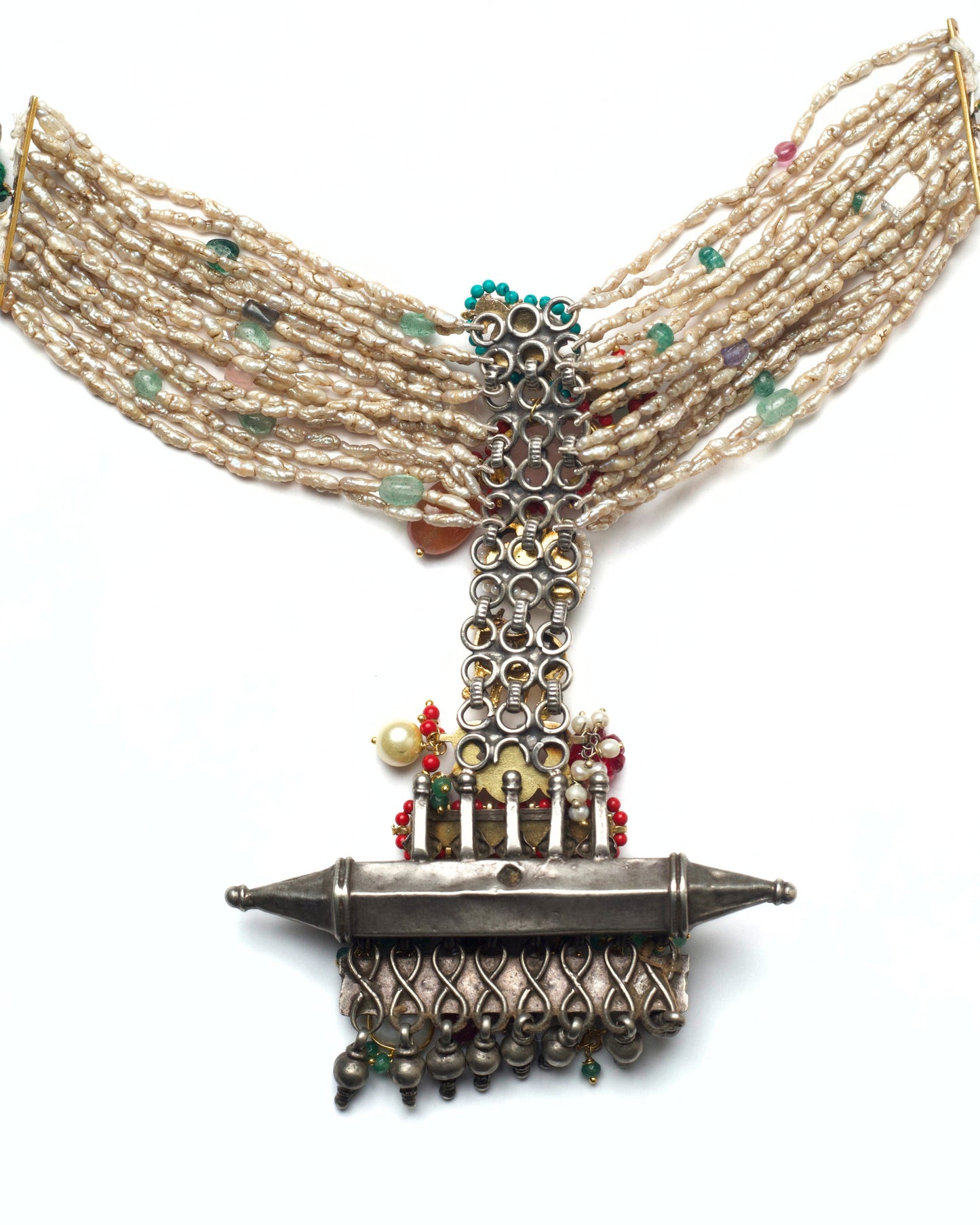 Back of 925 silver pearl choker featuring moon, bird and Nandi motifs