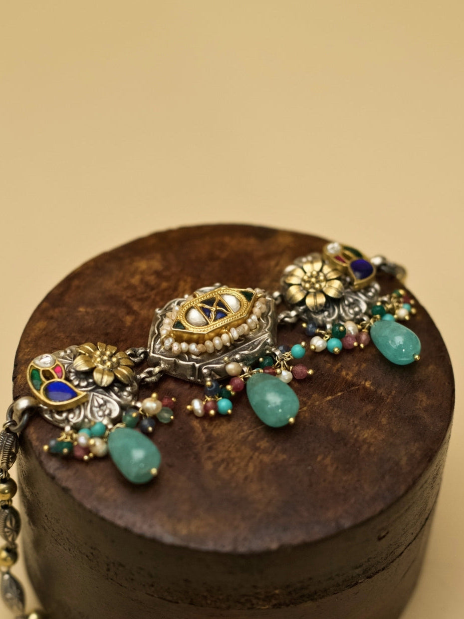 Song of Three Rivers Blue Choker in silver with kundan parrots, floral designs, and blue beads – Naksa Jewelry