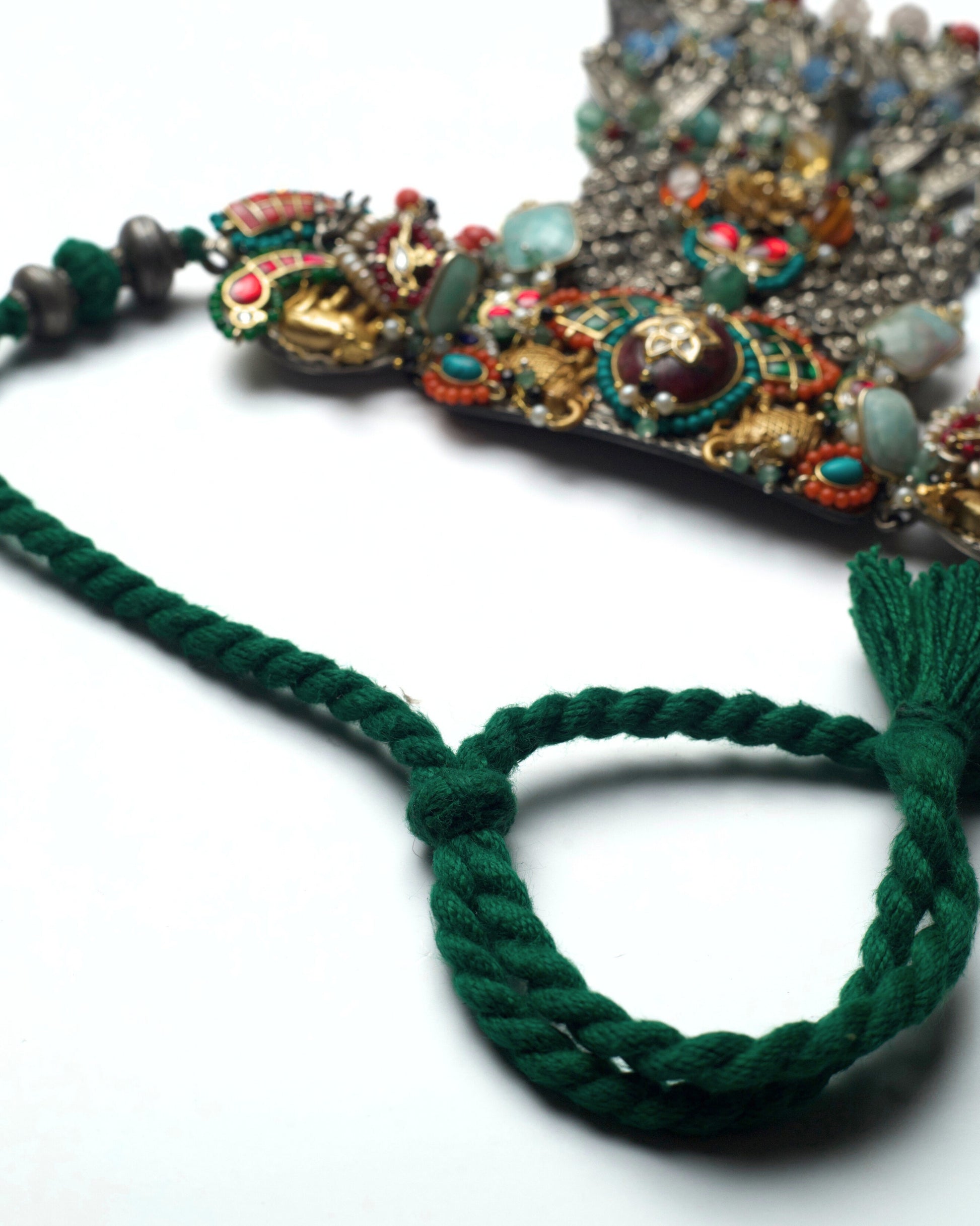 Dori of monumental fusion choker with elephant motifs, kundan centre, oxidised lattice panel, and triangular stone drops in 925 silver
