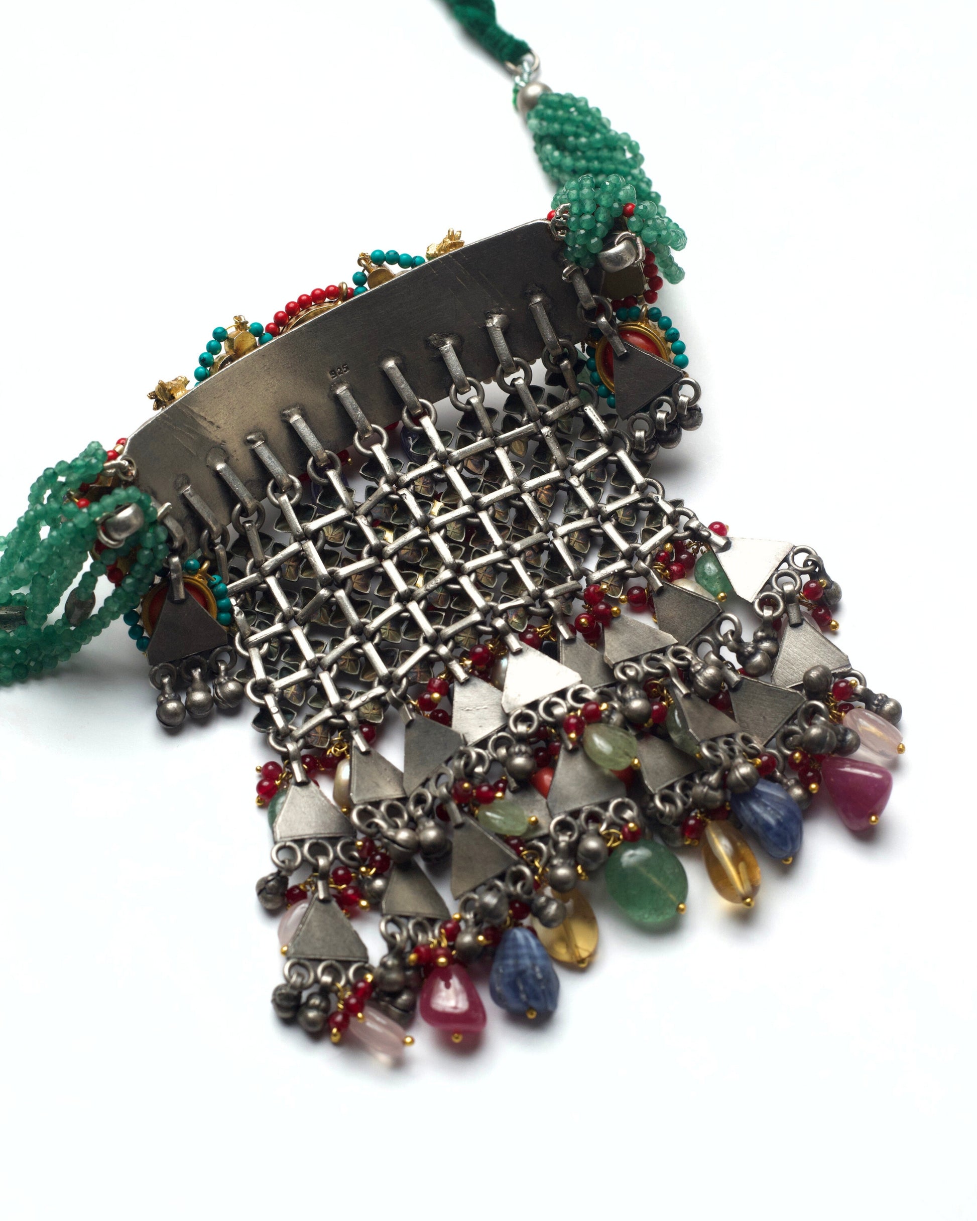 Back section of oxidised silver choker with fish kundan motif, triangular metal drops, and multicoloured stone bead detailing