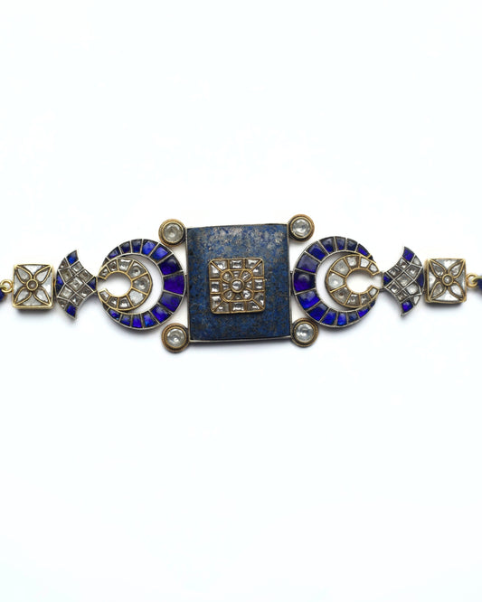 Lapis crescent panel choker with kundan detailing in handcrafted 925 silver