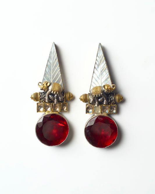 925 silver earrings with red stone drop and elephant motif by Naksa