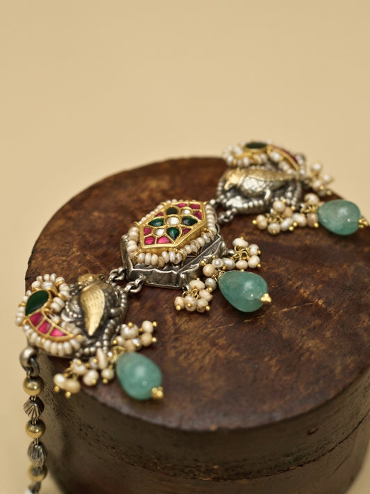 Pure Silver Pink Choker with Kundan Parrot Motif – Song of Three Rivers Set