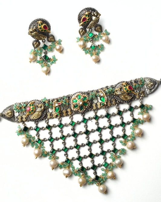 Handcrafted kundan canopy pearl choker set in oxidised 925 silver with green stone jaal