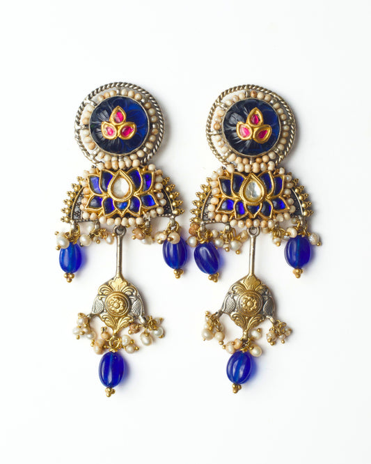Cobalt Lotus Drops handcrafted in 925 silver with carved blue stones, pearl details, and lotus-inspired design