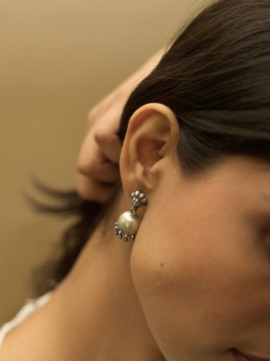 Tiny Bloom Earrings – Oxidized 925 Silver with Floral Button & Gungroo Drops