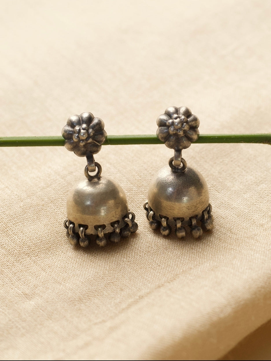 Tiny Bloom Earrings – Oxidized 925 Silver with Floral Button & Gungroo Drops