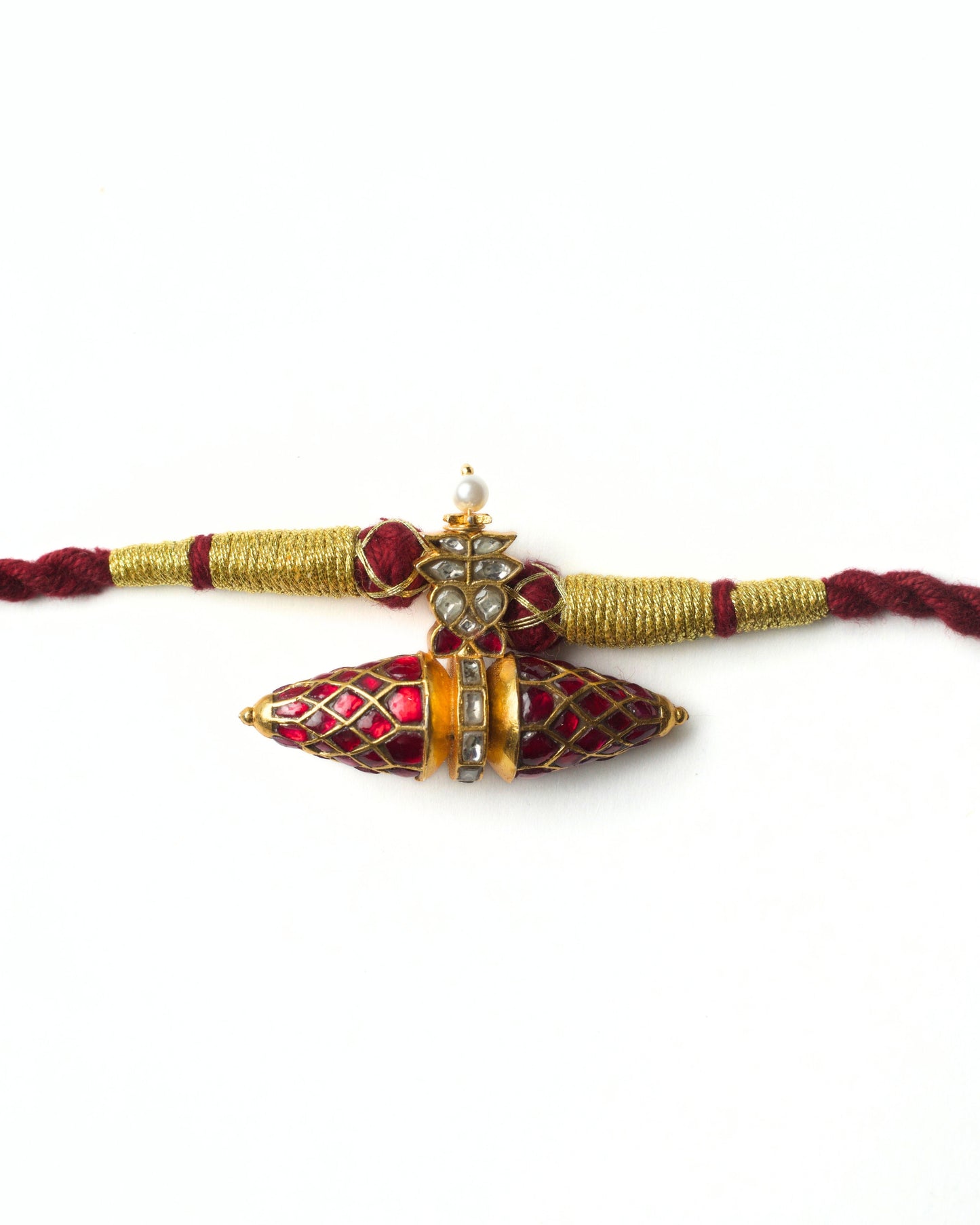 Handcrafted tie amulet choker with kundan cylindrical centre on braided maroon thread, adjustable silver choker by Naksa